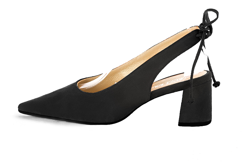 Matt black women's slingback shoes. Pointed toe. Medium flare heels. Profile view - Florence KOOIJMAN